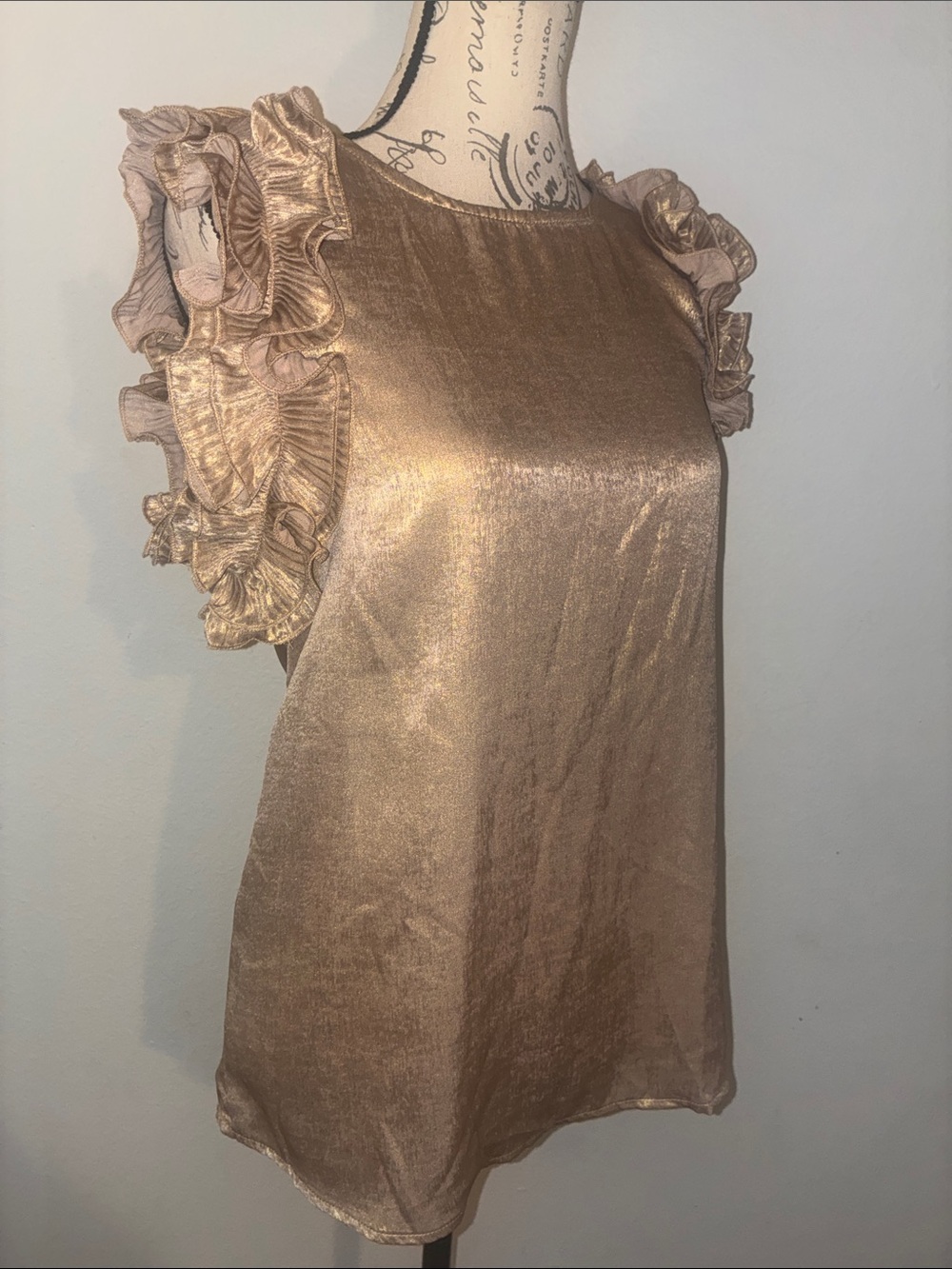 Vine & Love Metallic Gold Ruffle Sleeve Blouse Stunning for the Fall